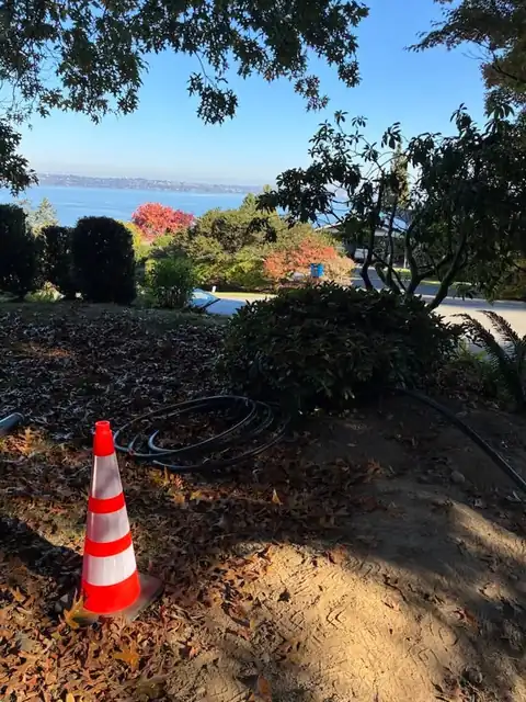 Coiled black water line beside a safety cone with Puget Sound visible through the trees