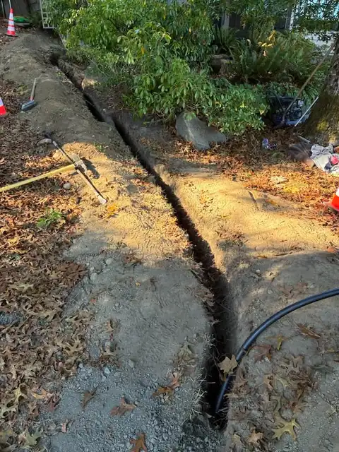 Black poly pipe curving through a trench on a leaf-covered lot