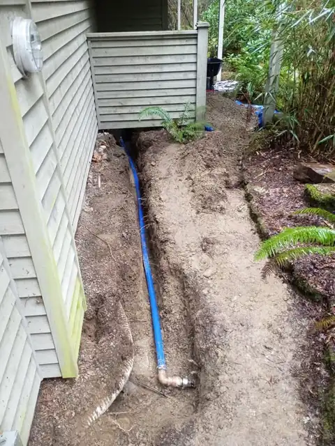 Long run of blue PEX water line in an open trench along a house with ferns and a deck